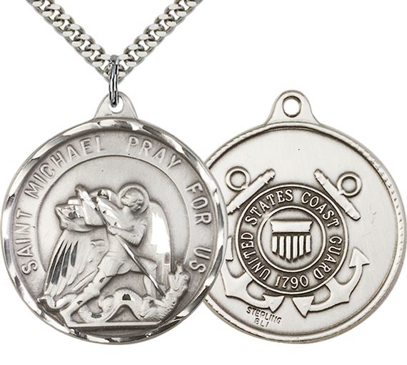 STERLING SILVER ST MICHAEL PENDANT ON A CHAIN - 1 3/8" x 1 1/4"